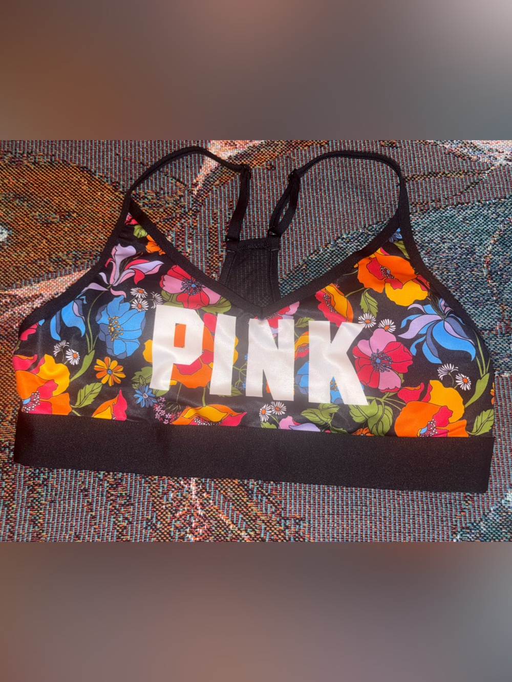 PINK Victoria's Secret Black Floral Logo Sports Bra